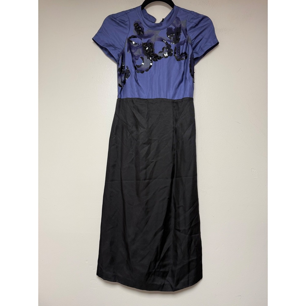 Rebecca Taylor Sequined Blue Black Midi Dress Short Sleeve‎ Cutout Back Size 0